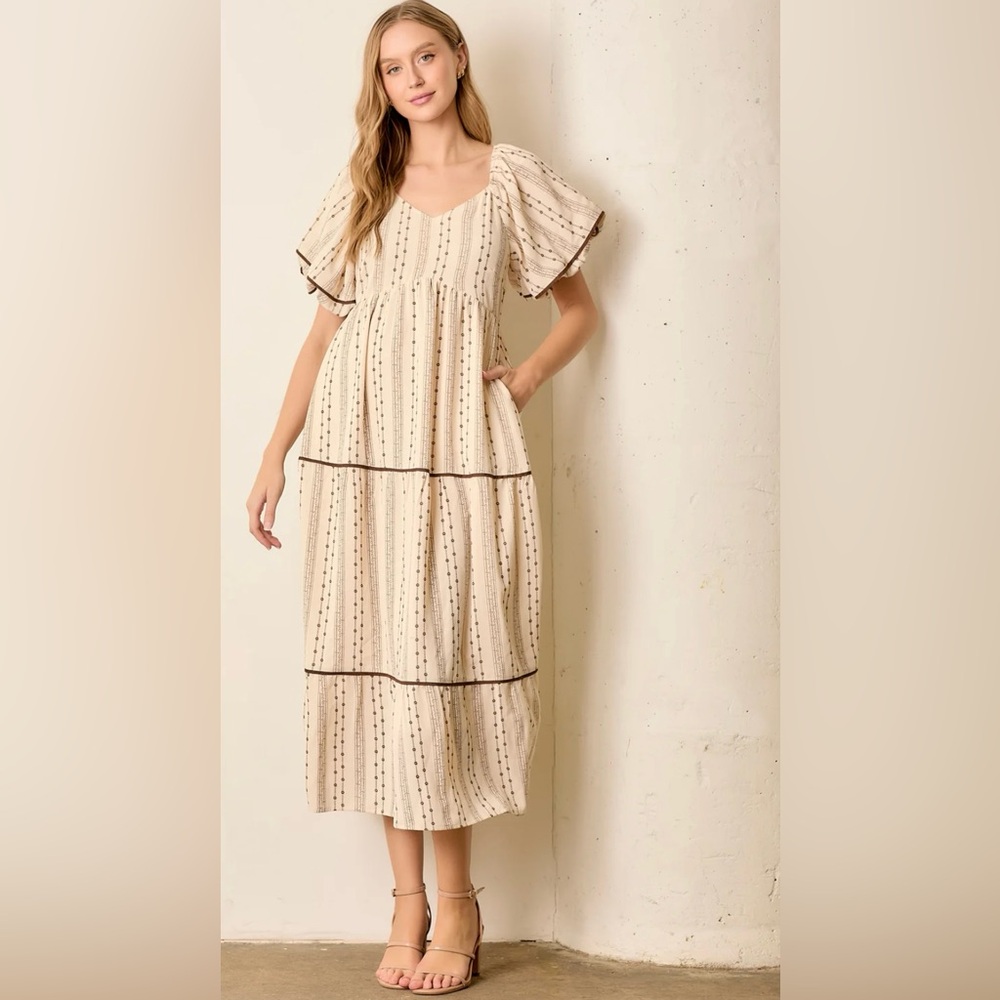 NEW Polagram Brown Lace Floral Tiered Maxi Dress - Picture 4 of 8